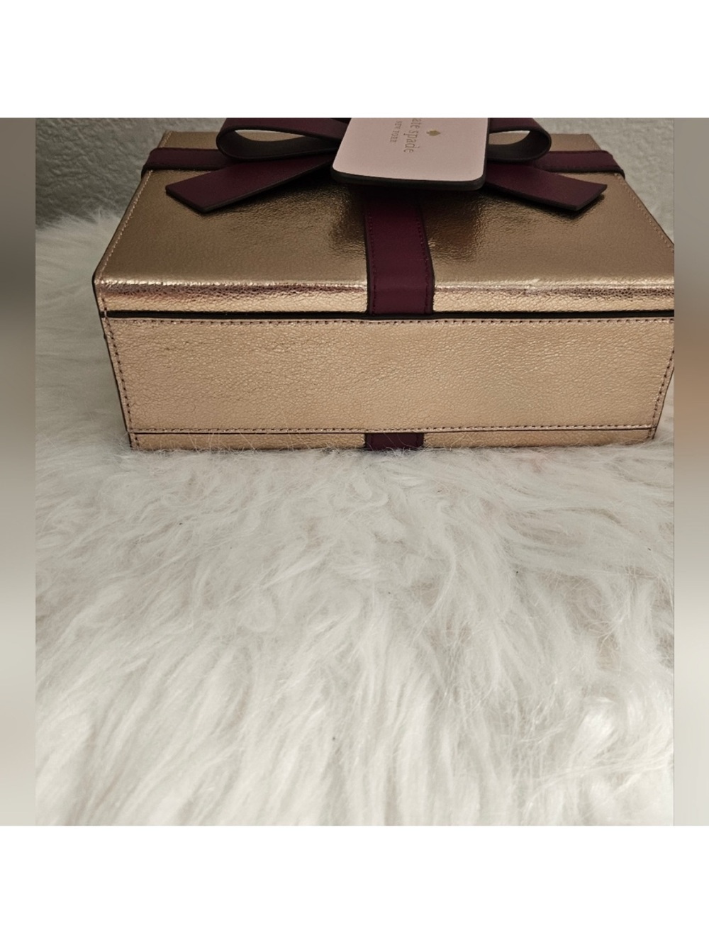 kate spade Wrapping Party Metallic Gold Mini Box Bag with Burgundy Bow NWT - Picture 8 of 14